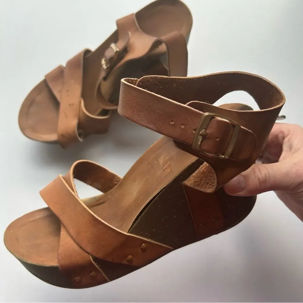 Women's Tan Brown Leather Wedge Sandals